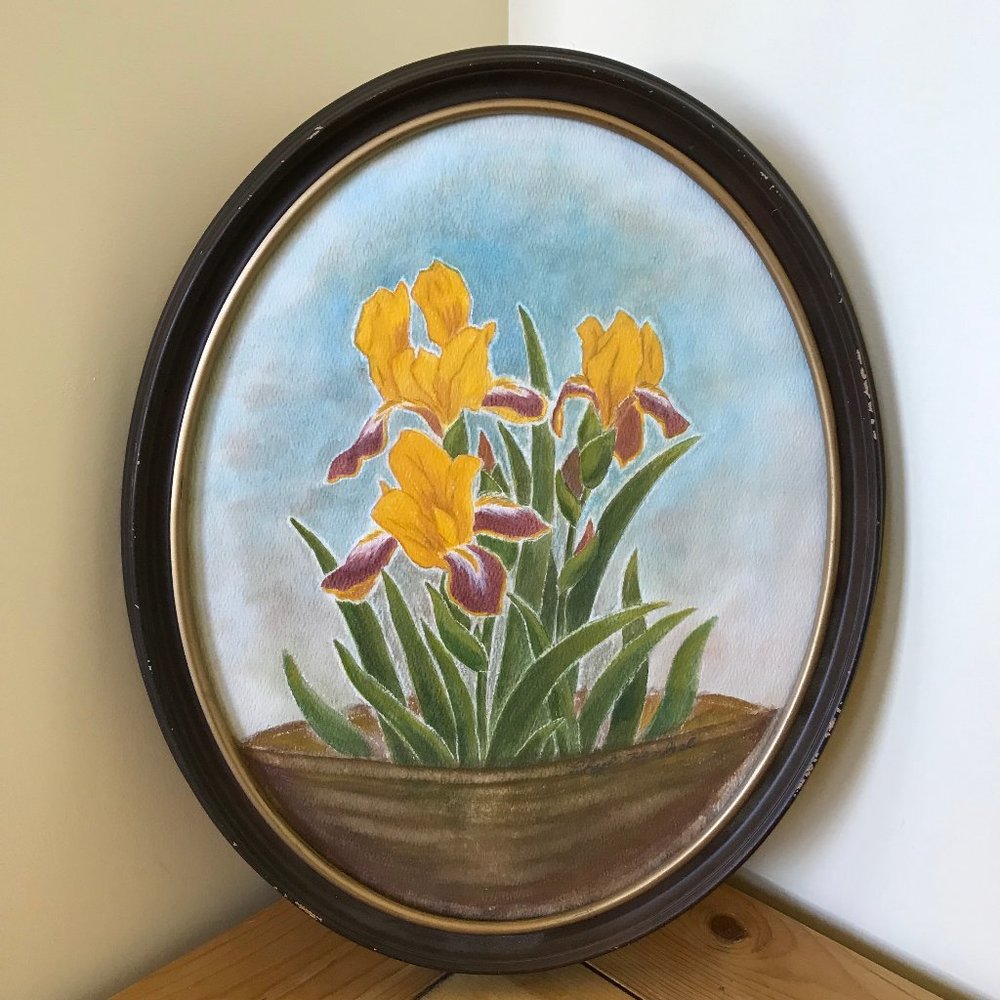 Original Watercolor Painting Red Heart Yellow Iris Flower Oval Frame Skye Henkel